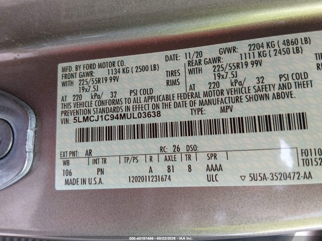 Продажа на аукционе авто 2021 Lincoln Corsair Standard, vin: 5LMCJ1C94MUL03638, номер лота: 45197466