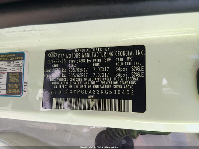 5XYPGDA33KG536402 KIA Sorento 2.4l Lx