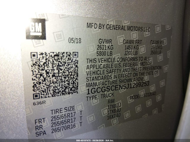 Aukcja sprzedaży 2018 Chevrolet Colorado Lt, vin: 1GCGSCEN5J1299253, numer aukcji: 45197475