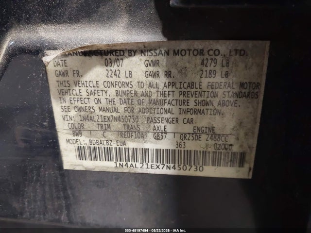 Продаж на аукціоні авто 2007 Nissan Altima 2.5 S, vin: 1N4AL21EX7N450730, номер лоту: 45197494