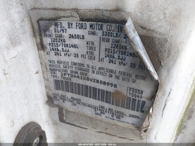 1997 Ford Aerostar Xlt მანქანა იყიდება აუქციონზე, vin: 1FTDA41X8VZB08998, აუქციონის ნომერი: 45197502