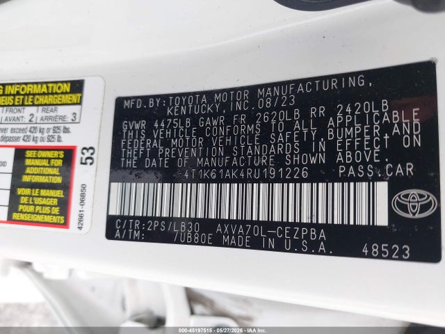 Aukcja sprzedaży 2024 Toyota Camry Xse, vin: 4T1K61AK4RU191226, numer aukcji: 45197515