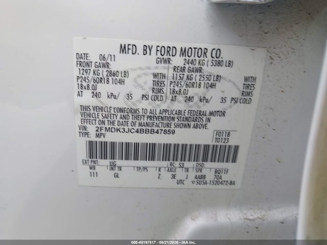 Продажа на аукционе авто 2011 Ford Edge Sel, vin: 2FMDK3JC4BBB47859, номер лота: 45197517