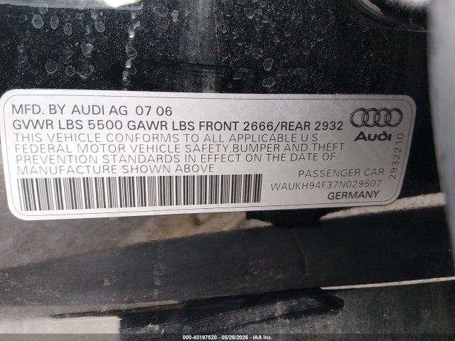 Aukcja sprzedaży 2007 Audi A6 3.2 Avant, vin: WAUKH94F37N029507, numer aukcji: 45197520