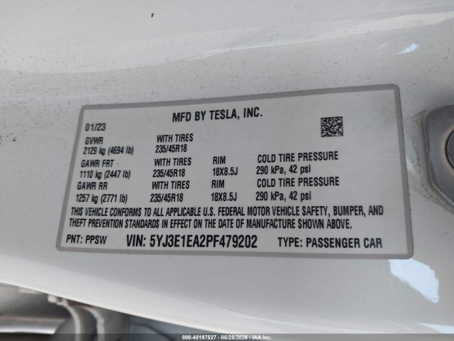 Aukcja sprzedaży 2023 Tesla Model 3 Rear-wheel Drive, vin: 5YJ3E1EA2PF479202, numer aukcji: 45197527