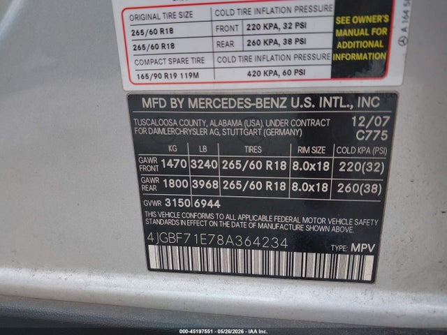 45197551 :رقم المزاد ، 4JGBF71E78A364234 vin ، 2008 Mercedes-benz Gl 450 4matic مزاد بيع