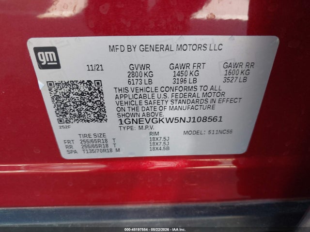 45197554 :رقم المزاد ، 1GNEVGKW5NJ108561 vin ، 2022 Chevrolet Traverse Awd Lt Cloth مزاد بيع