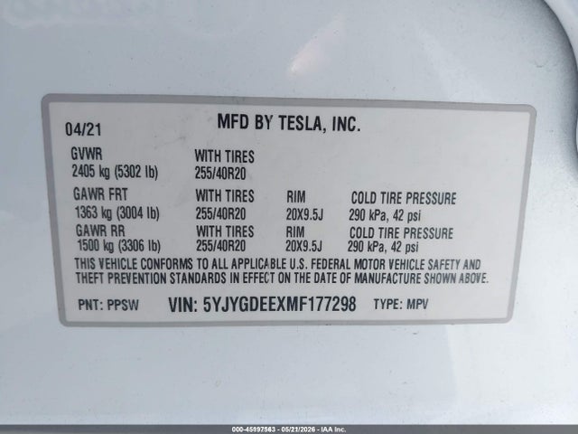 Aukcja sprzedaży 2021 Tesla Model Y Long Range Dual Motor All-wheel Drive, vin: 5YJYGDEEXMF177298, numer aukcji: 45197563