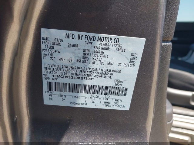 Aukcja sprzedaży 2009 Ford Escape Xlt, vin: 1FMCU93G49KB78991, numer aukcji: 45197573