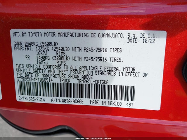 2023 Toyota Tacoma Sr5 მანქანა იყიდება აუქციონზე, vin: 3TYRX5GN4PT068914, აუქციონის ნომერი: 45197581