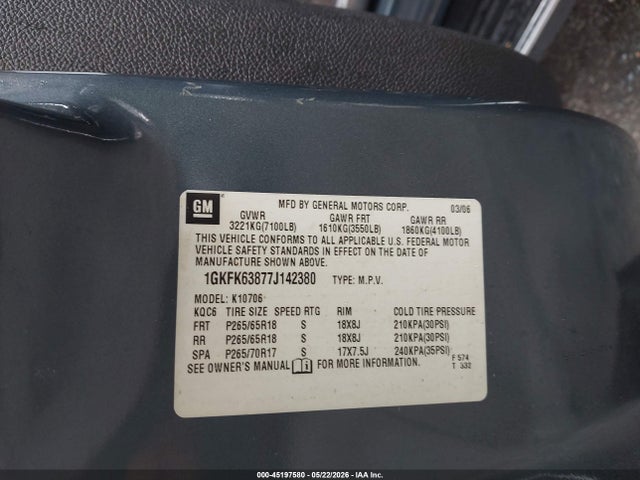 Auction sale of the 2007 Gmc Yukon Denali Denali, vin: 1GKFK63877J142380, lot number: 45197580