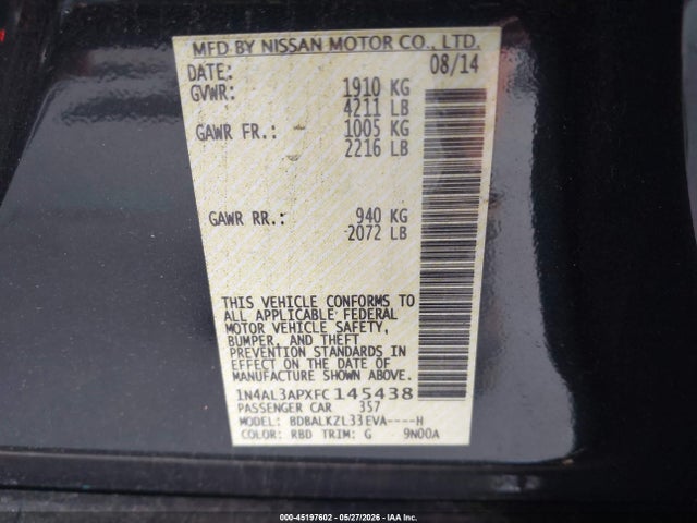 Aukcja sprzedaży 2015 Nissan Altima 2.5 Sv, vin: 1N4AL3APXFC145438, numer aukcji: 45197602
