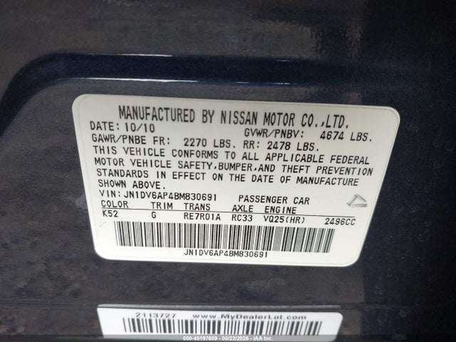 Продаж на аукціоні авто 2011 Infiniti G25 Journey, vin: JN1DV6AP4BM830691, номер лоту: 45197609