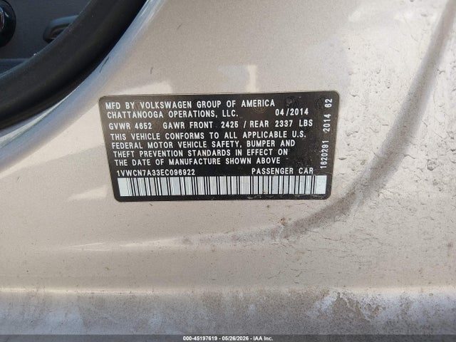 45197619 :رقم المزاد ، 1VWCN7A33EC096922 vin ، 2014 Volkswagen Passat 2.0l Tdi Sel Premium مزاد بيع
