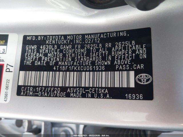 Aukcja sprzedaży 2012 Toyota Camry Se, vin: 4T1BF1FKXCU061936, numer aukcji: 45197621