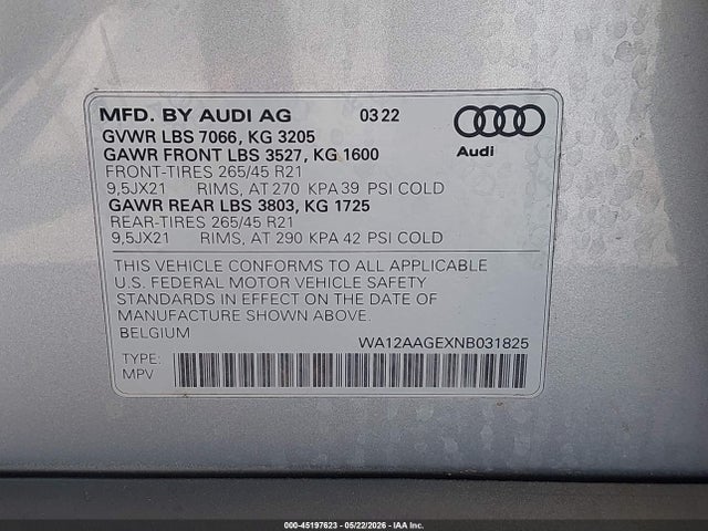 45197623 :رقم المزاد ، WA12AAGEXNB031825 vin ، 2022 Audi E-tron Sportback Premium Plus S Line Quattro مزاد بيع
