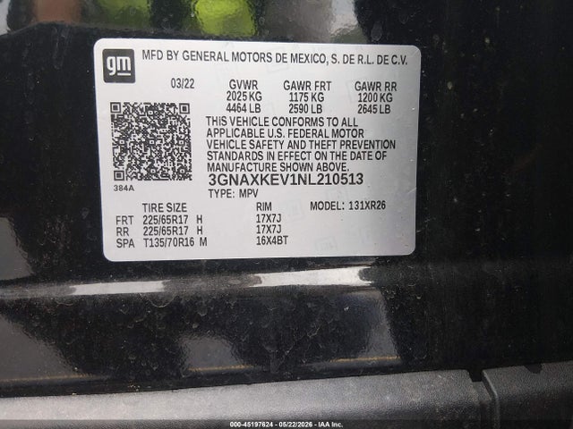 2022 Chevrolet Equinox Fwd Lt მანქანა იყიდება აუქციონზე, vin: 3GNAXKEV1NL210513, აუქციონის ნომერი: 45197624