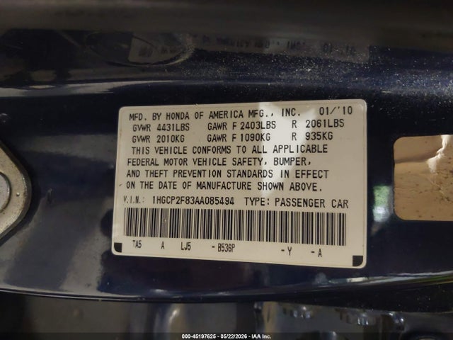 Продаж на аукціоні авто 2010 Honda Accord 2.4 Ex-l, vin: 1HGCP2F83AA085494, номер лоту: 45197625