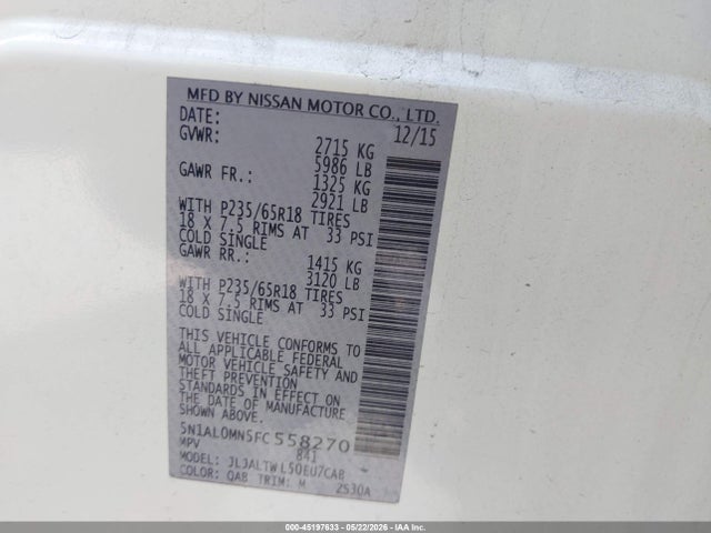 Продажа на аукционе авто 2015 Infiniti Qx60, vin: 5N1AL0MN5FC558270, номер лота: 45197633