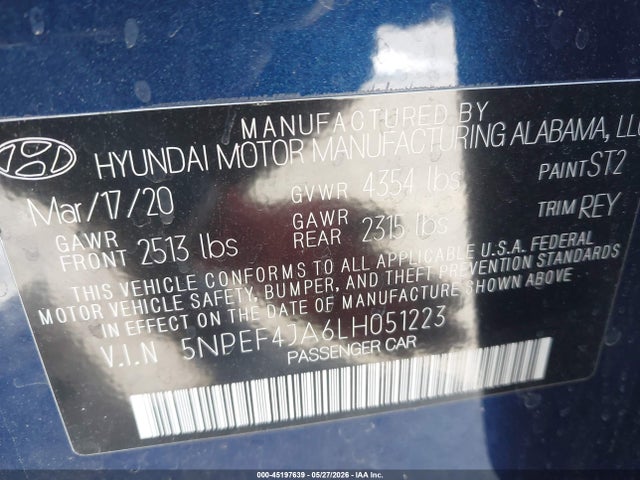 5NPEF4JA6LH051223 Hyundai SONATA SEL