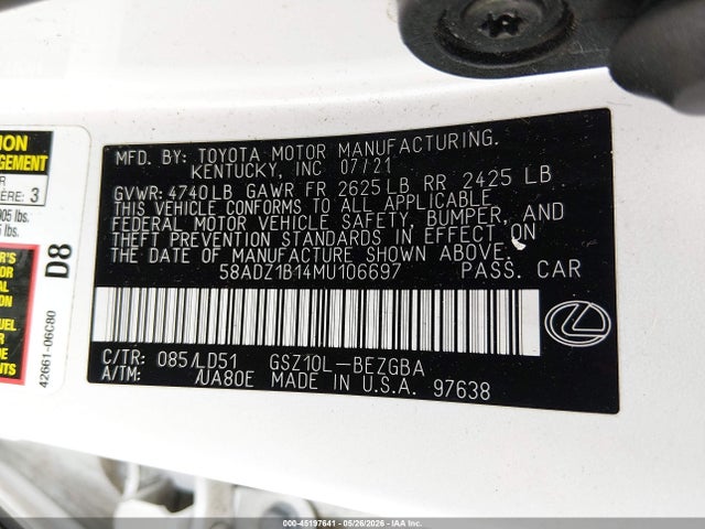 Aukcja sprzedaży 2021 Lexus Es 350, vin: 58ADZ1B14MU106697, numer aukcji: 45197641
