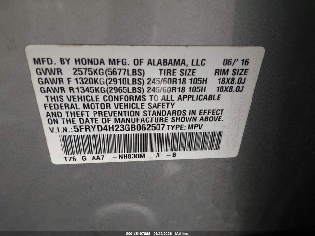 Aukcja sprzedaży 2016 Acura Mdx Acurawatch Plus Package, vin: 5FRYD4H23GB062507, numer aukcji: 45197668