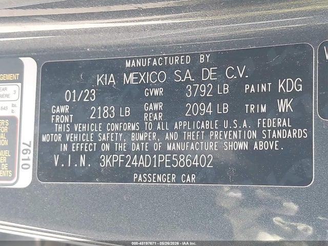 2023 Kia Forte Lxs მანქანა იყიდება აუქციონზე, vin: 3KPF24AD1PE586402, აუქციონის ნომერი: 45197671