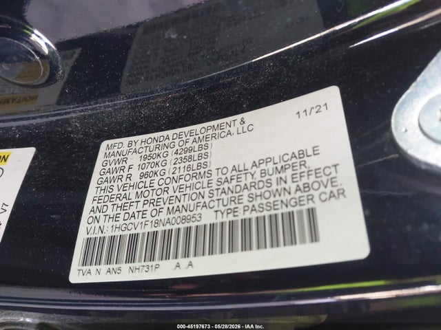 Honda ACCORD LX 2022 1HGCV1F18NA008953 Image 9