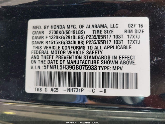 5FNRL5H39GB075933 Honda ODYSSEY SE
