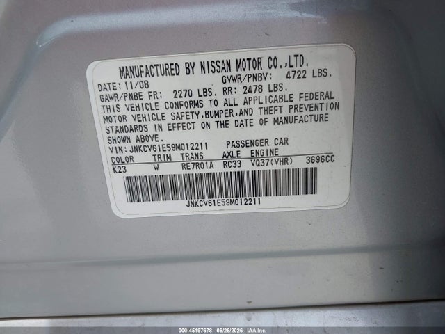 45197678 :رقم المزاد ، JNKCV61E59M012211 vin ، 2009 Infiniti G37 Journey مزاد بيع