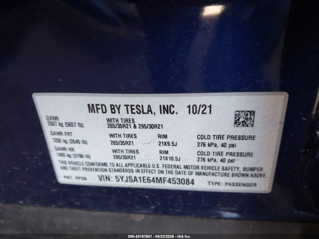 Aukcja sprzedaży 2021 Tesla Model S Plaid Tri Motor All-wheel Drive, vin: 5YJSA1E64MF453084, numer aukcji: 45197681