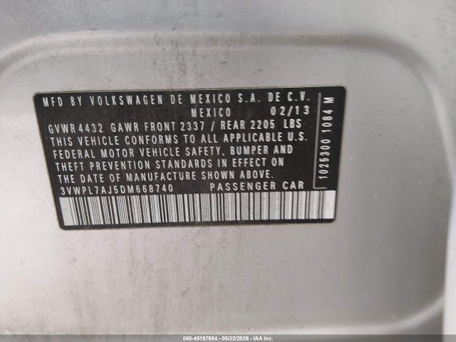 Aukcja sprzedaży 2013 Volkswagen Jetta Sportwagen 2.0l Tdi, vin: 3VWPL7AJ5DM668740, numer aukcji: 45197684