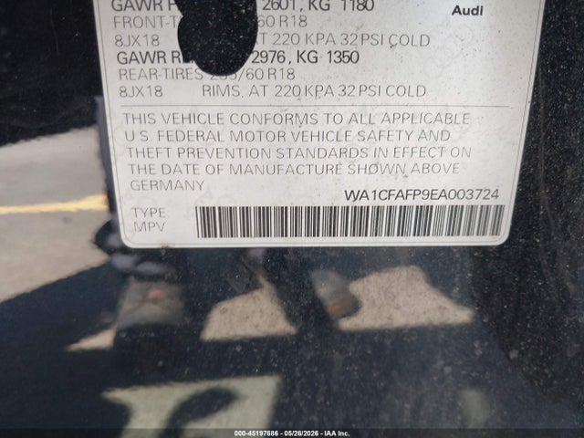 45197686 :رقم المزاد ، WA1CFAFP9EA003724 vin ، 2014 Audi Q5 2.0t Premium مزاد بيع