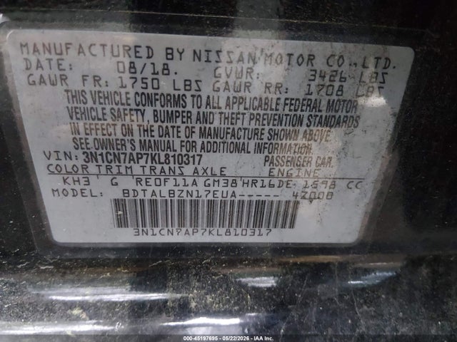 Aukcja sprzedaży 2019 Nissan Versa 1.6 Sv, vin: 3N1CN7AP7KL810317, numer aukcji: 45197695