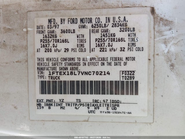 Продаж на аукціоні авто 1997 Ford F-150 Lariat/xl/xlt, vin: 1FTEX18L7VNC70214, номер лоту: 45197702