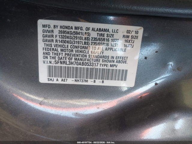 Aukcja sprzedaży 2010 Honda Odyssey Ex-l, vin: 5FNRL3H70AB053317, numer aukcji: 45197704