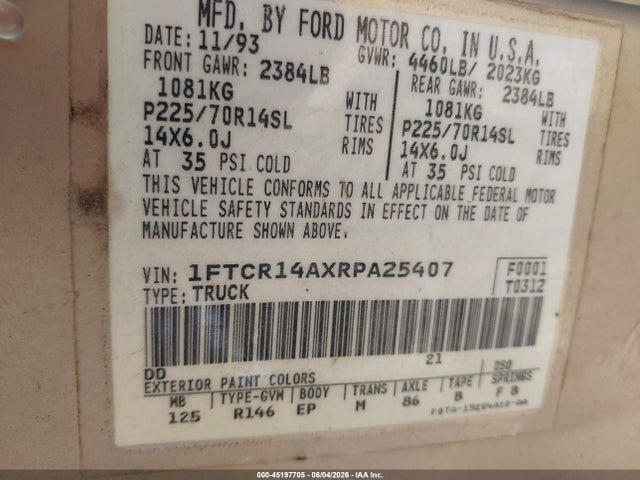 45197705 :رقم المزاد ، 1FTCR14AXRPA25407 vin ، 1994 Ford Ranger Super Cab مزاد بيع