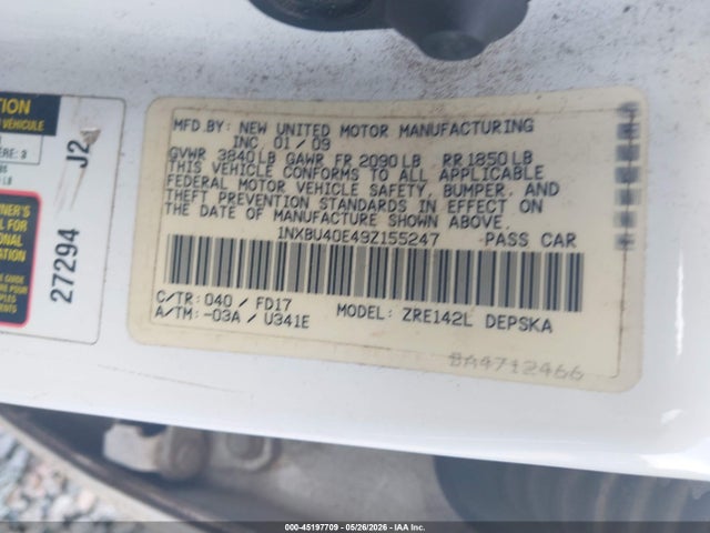 45197709 :رقم المزاد ، 1NXBU40E49Z155247 vin ، 2009 Toyota Corolla S مزاد بيع