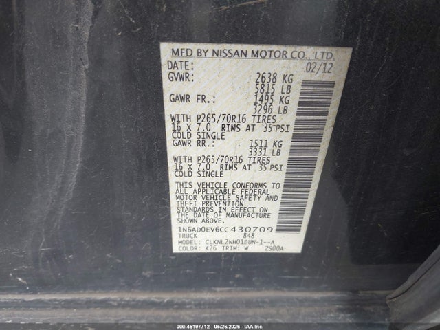 Aukcja sprzedaży 2012 Nissan Frontier Sv, vin: 1N6AD0EV6CC430709, numer aukcji: 45197712