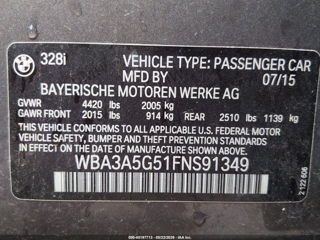 2015 Bmw 328i მანქანა იყიდება აუქციონზე, vin: WBA3A5G51FNS91349, აუქციონის ნომერი: 45197713