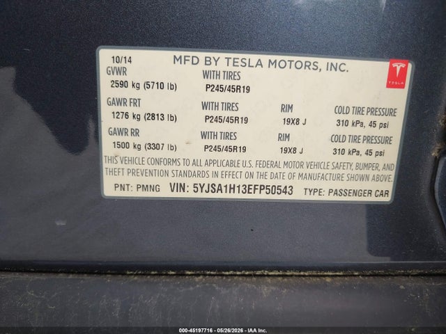 Продажа на аукционе авто 2014 Tesla Model S P85, vin: 5YJSA1H13EFP50543, номер лота: 45197716