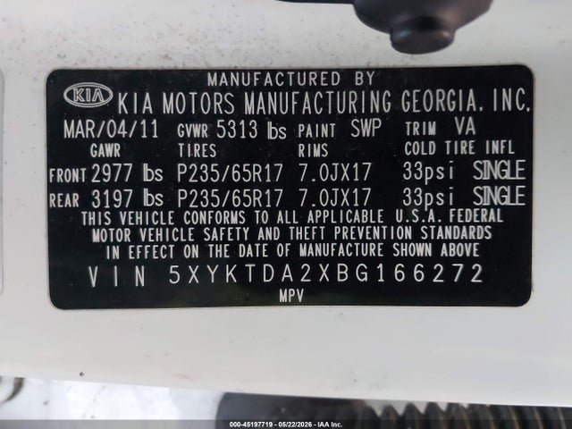 45197719 :رقم المزاد ، 5XYKTDA2XBG166272 vin ، 2011 Kia Sorento Lx V6 مزاد بيع