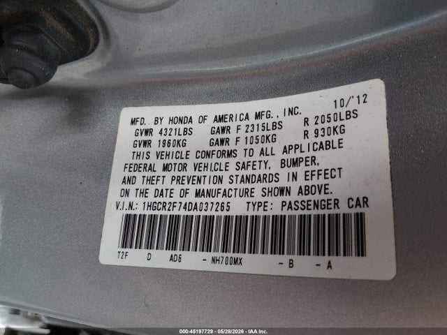 Aukcja sprzedaży 2013 Honda Accord Ex, vin: 1HGCR2F74DA037265, numer aukcji: 45197729