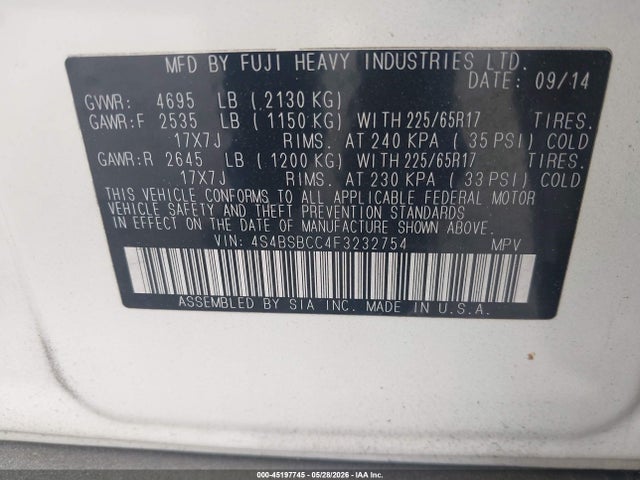 Aukcja sprzedaży 2015 Subaru Outback 2.5i Premium, vin: 4S4BSBCC4F3232754, numer aukcji: 45197745