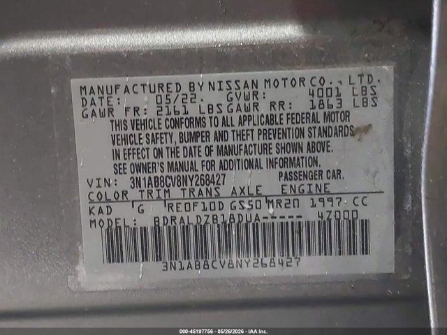 Продаж на аукціоні авто 2022 Nissan Sentra Sv Xtronic Cvt, vin: 3N1AB8CV8NY268427, номер лоту: 45197756
