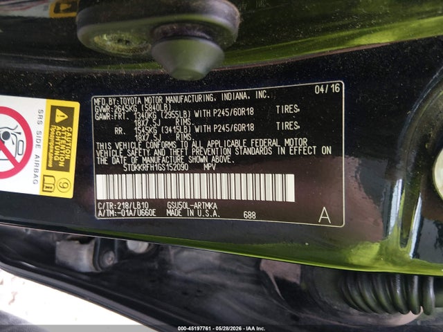 5TDKKRFH1GS152090 Toyota Highlander Xle V6
