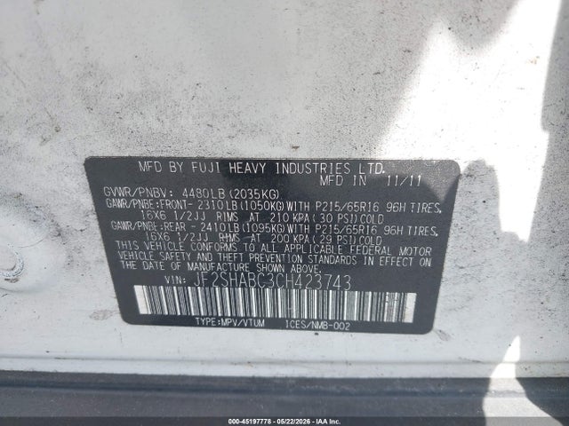 45197778 :رقم المزاد ، JF2SHABC3CH423743 vin ، 2012 Subaru Forester 2.5x مزاد بيع