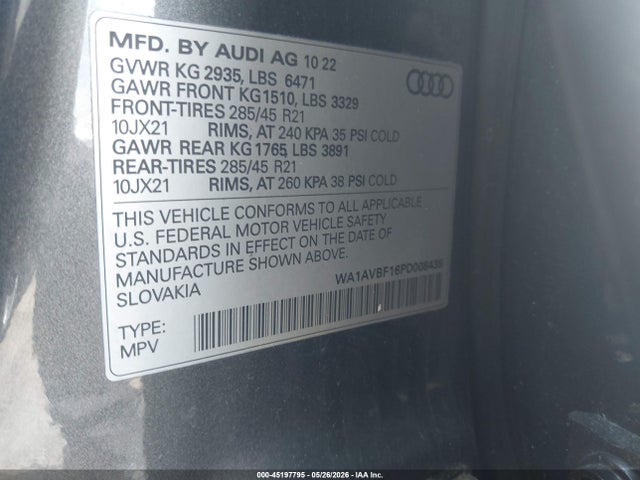 45197795 :رقم المزاد ، WA1AVBF16PD008439 vin ، 2023 Audi Q8 Premium 55 Tfsi Quattro Tiptronic مزاد بيع