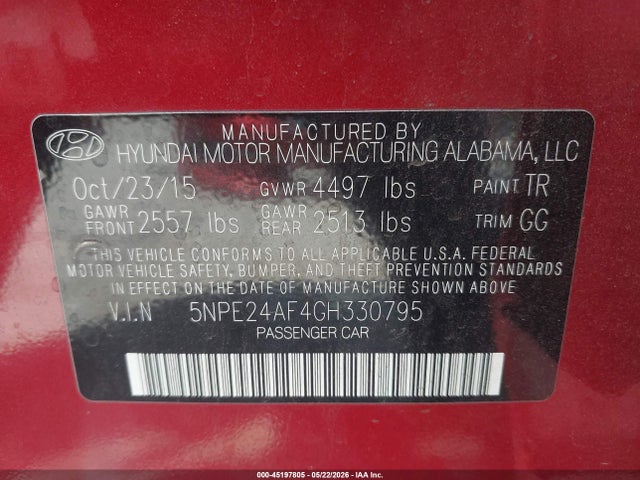 Aukcja sprzedaży 2016 Hyundai Sonata Se, vin: 5NPE24AF4GH330795, numer aukcji: 45197805