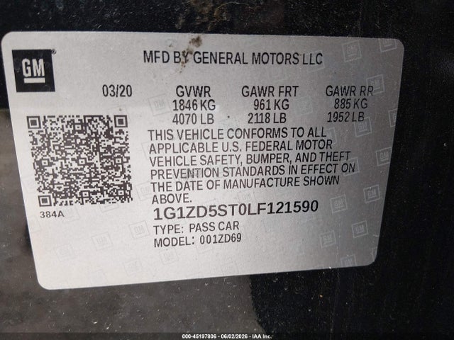 1G1ZD5ST0LF121590 Chevrolet Malibu Fwd Lt